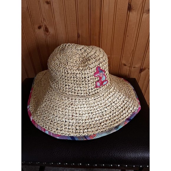 Disney World Sun Hat Pink Patchwork Brown Straw Hat Adult Beach Mickey Mouse - Picture 2 of 11